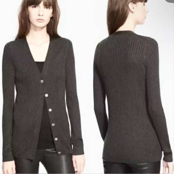 Vince 100% Cashmere Ribbed Charcoal Cardigan Sweater, XS - Picture 1 of 16